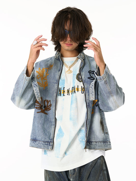 Embroidered Denim Jacket with Trendy Floral Design for Men 