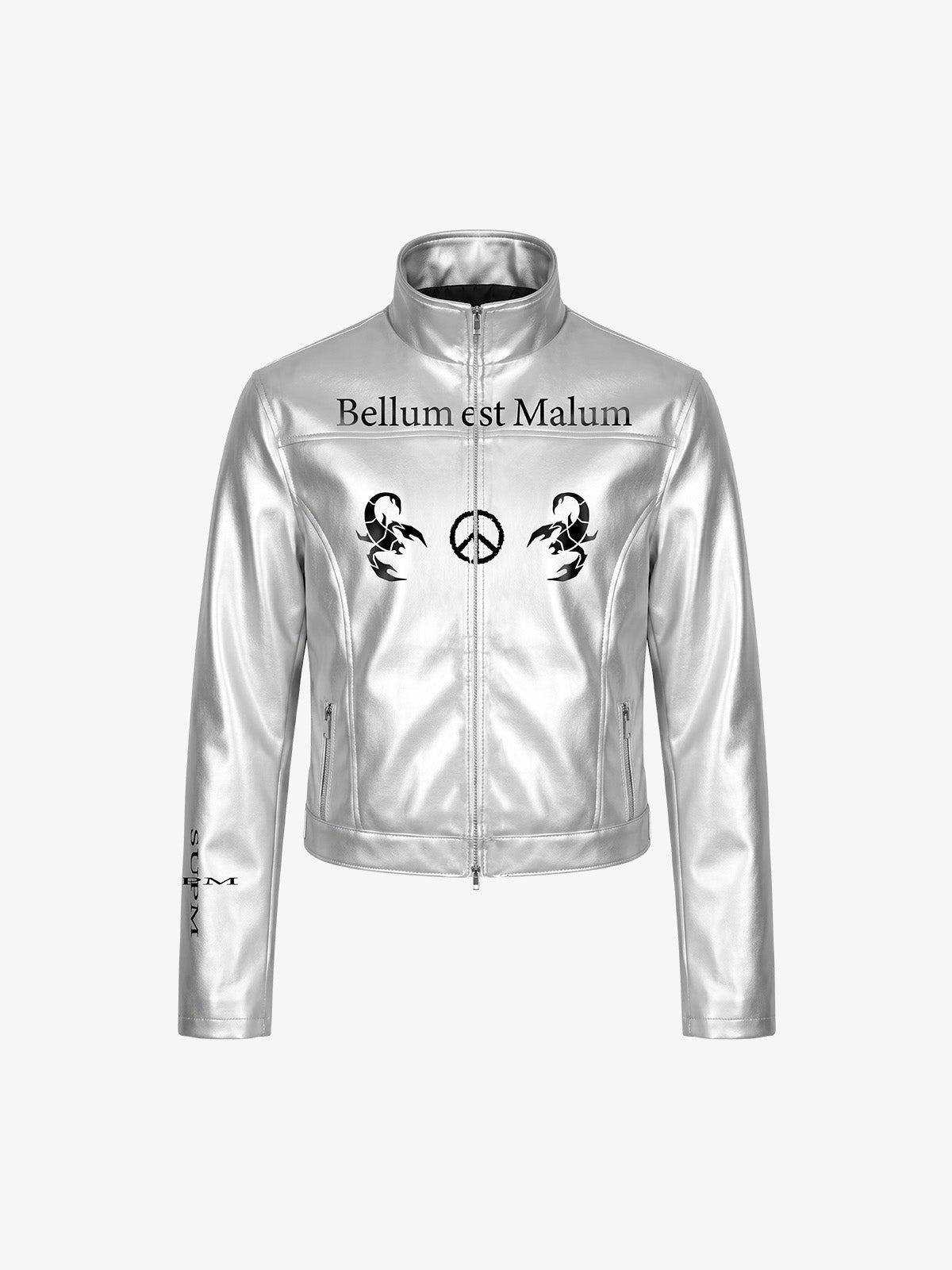 Graphic Stand-Collar Faux Leather Zip Jacket