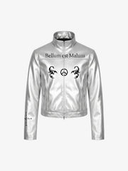 Graphic Stand-Collar Faux Leather Zip Jacket