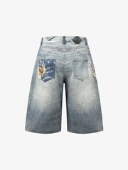 Charm Detail Graphic Denim Shorts 