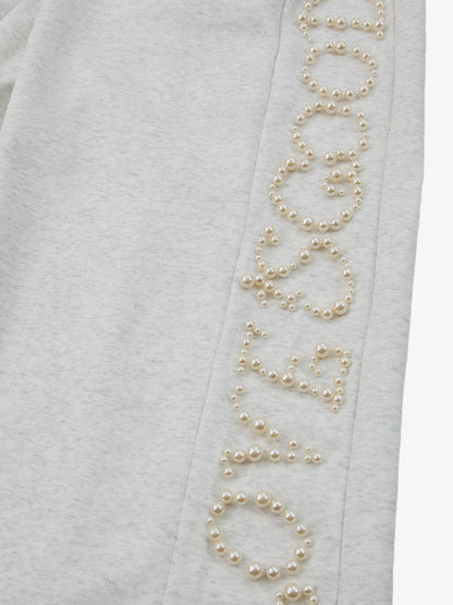 Cotton Blend Pearl Embellished Wide Leg Sweatpants for Women 