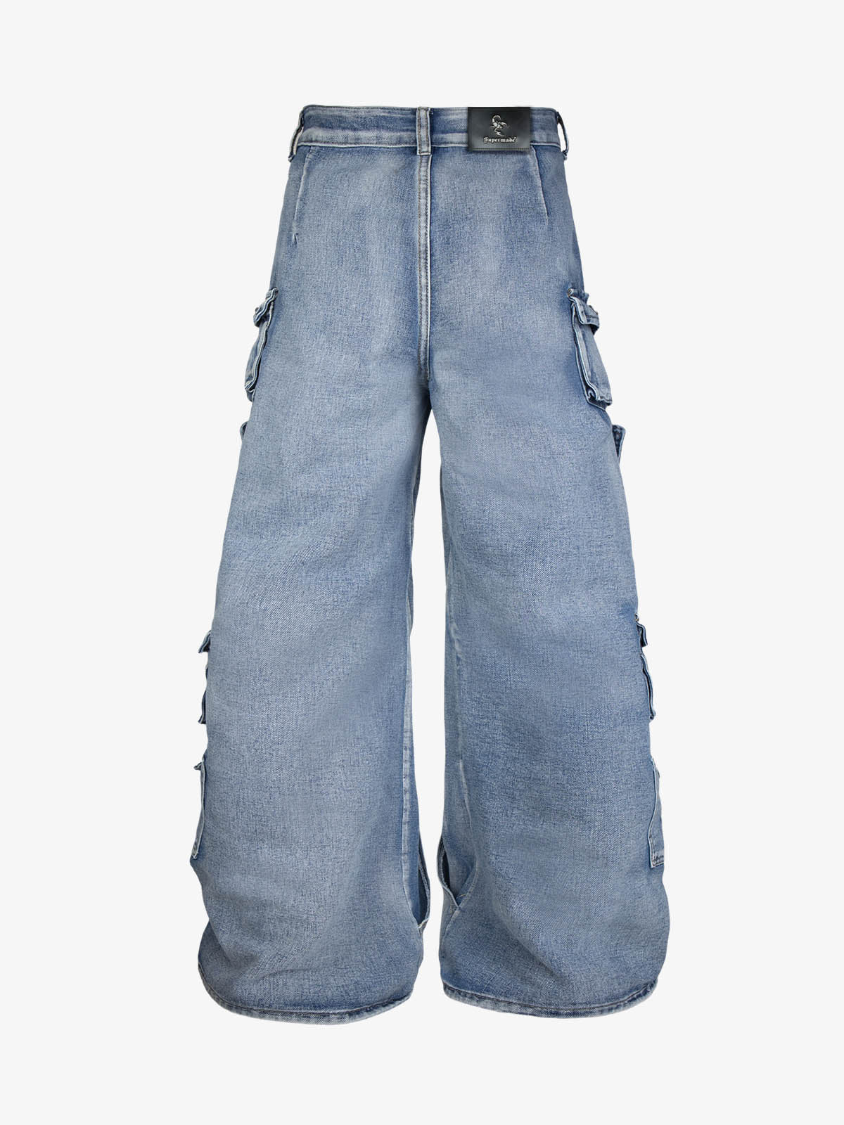 Washed Multi-Pocket Curved-Seam Cargo Jeans