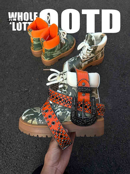 Camo Print Lace Up Chunky Ankle Boots