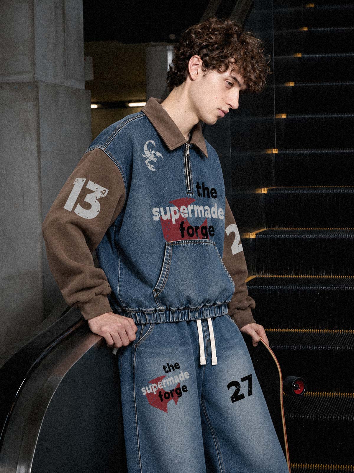 Denim Patchwork Pullover Sweatshirt & Graphic Wide-Leg Jeans Set