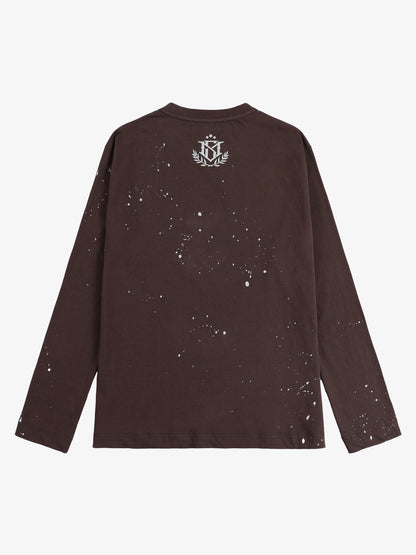 Cotton Washed Slim Fit Long-Sleeve T-Shirt with Splatter Graphic Print and Gothic 3D stereoscopic silicone printing Logo Design 