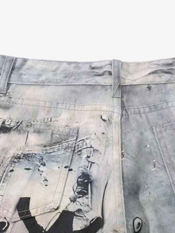 Abstract 3D Digital Print Wide-Leg Jeans 