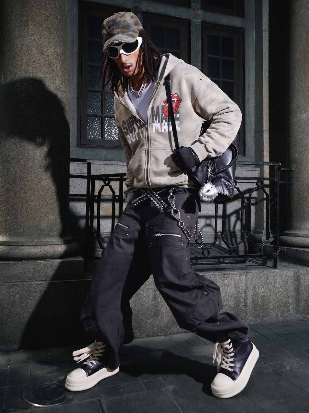Distressed Camo Hoodie with Cracked Logo & Rolling Stones Graphic