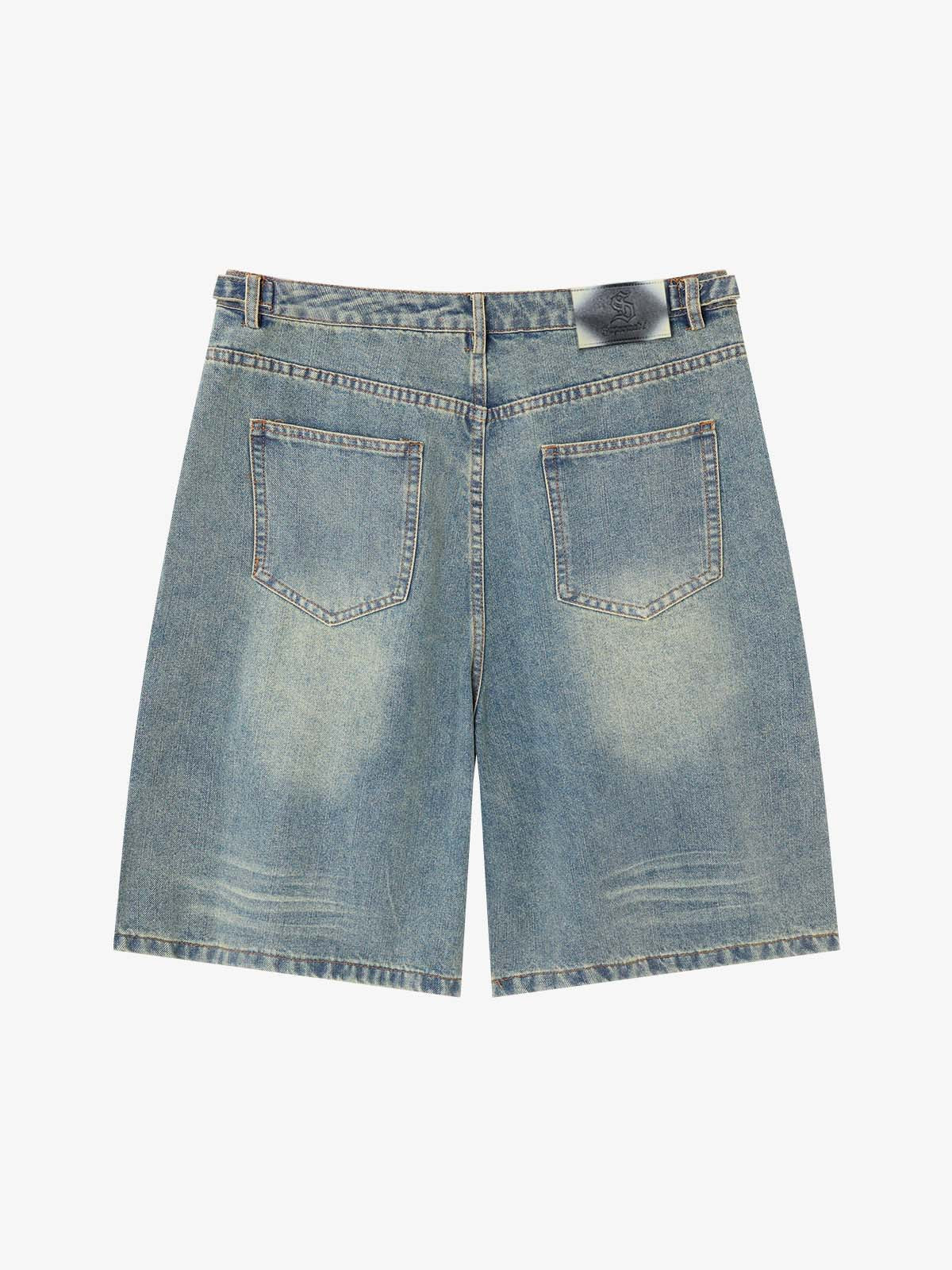 Tactical Buckle Washed Denim Shorts 