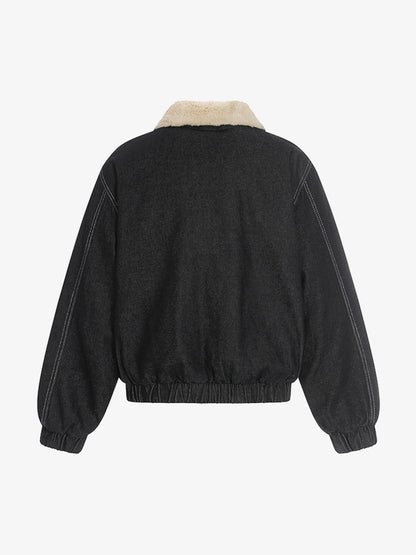 Stylish Denim Bomber Jacket with Faux Fur Collar - Perfect for Casual and Outdoor Wear 
