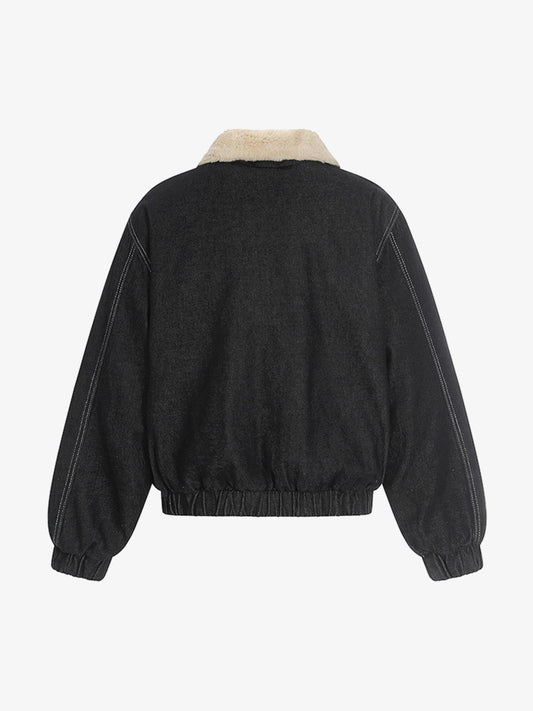 Stylish Denim Bomber Jacket with Faux Fur Collar - Perfect for Casual and Outdoor Wear 