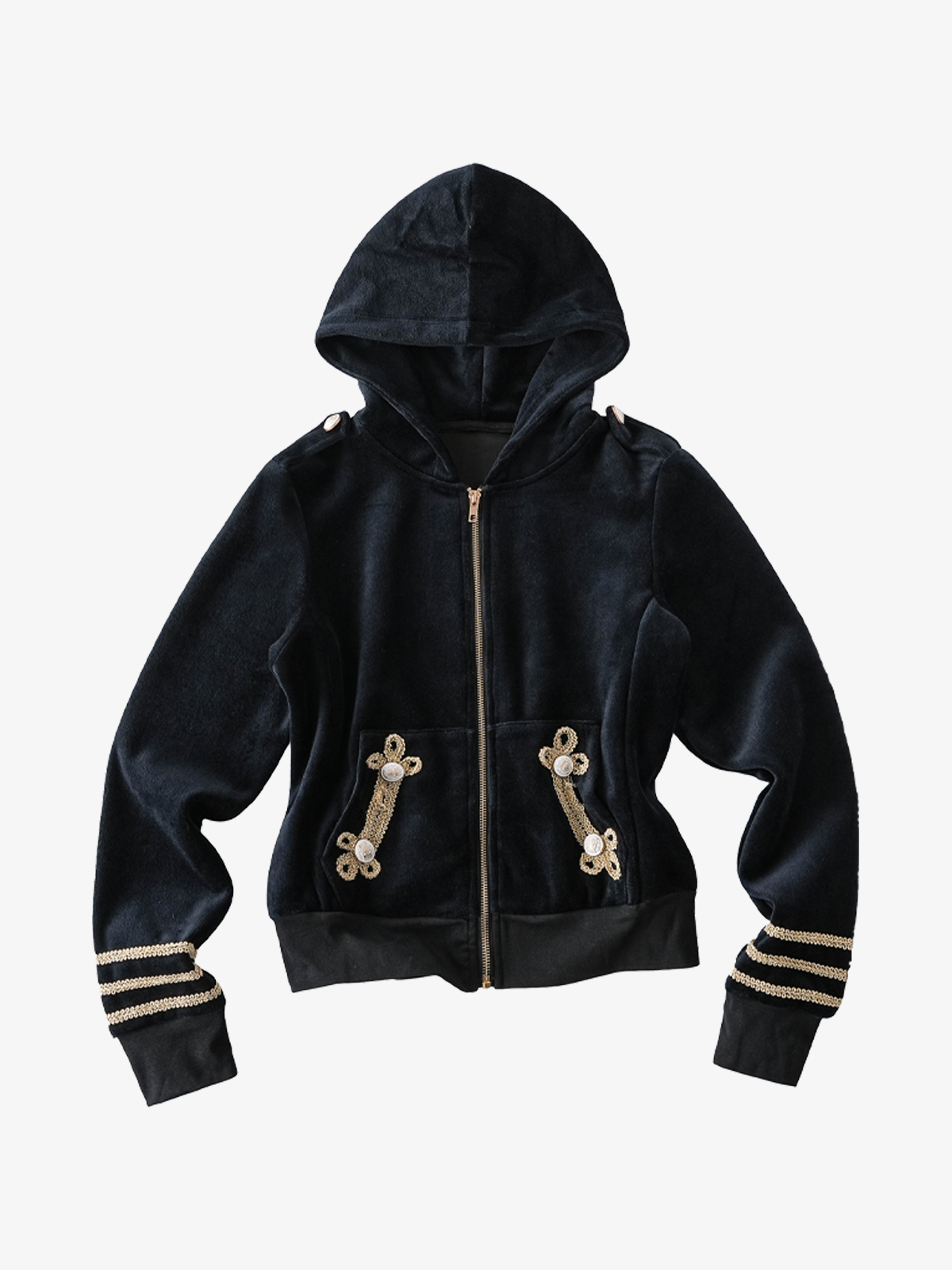 Gold Braid Embellished Plush Zip Hoodie & Wide-Leg Pants Set