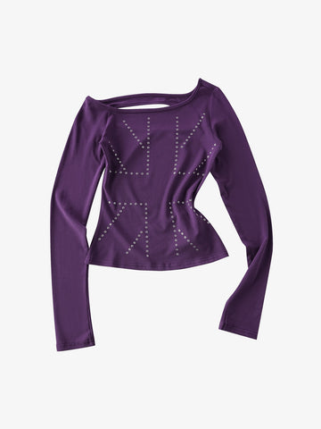 Eyelet Detail Off-Shoulder Long Sleeve Tee