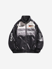 Asymmetric Racing Graphic Color Block Faux Leather Jacket