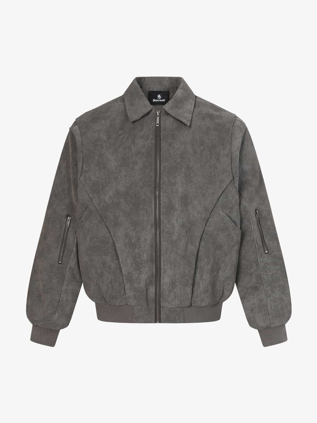 Retro Suede Texture Zip-Up Bomber Jacket 