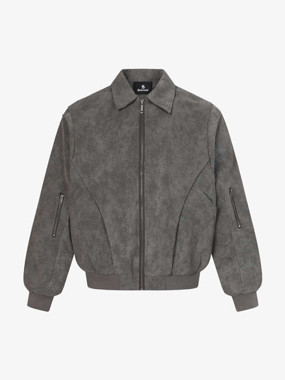 Retro Suede Texture Zip-Up Bomber Jacket 