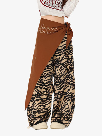 Retro Zebra Print Asymmetric Draped Patchwork Barrel Pants 