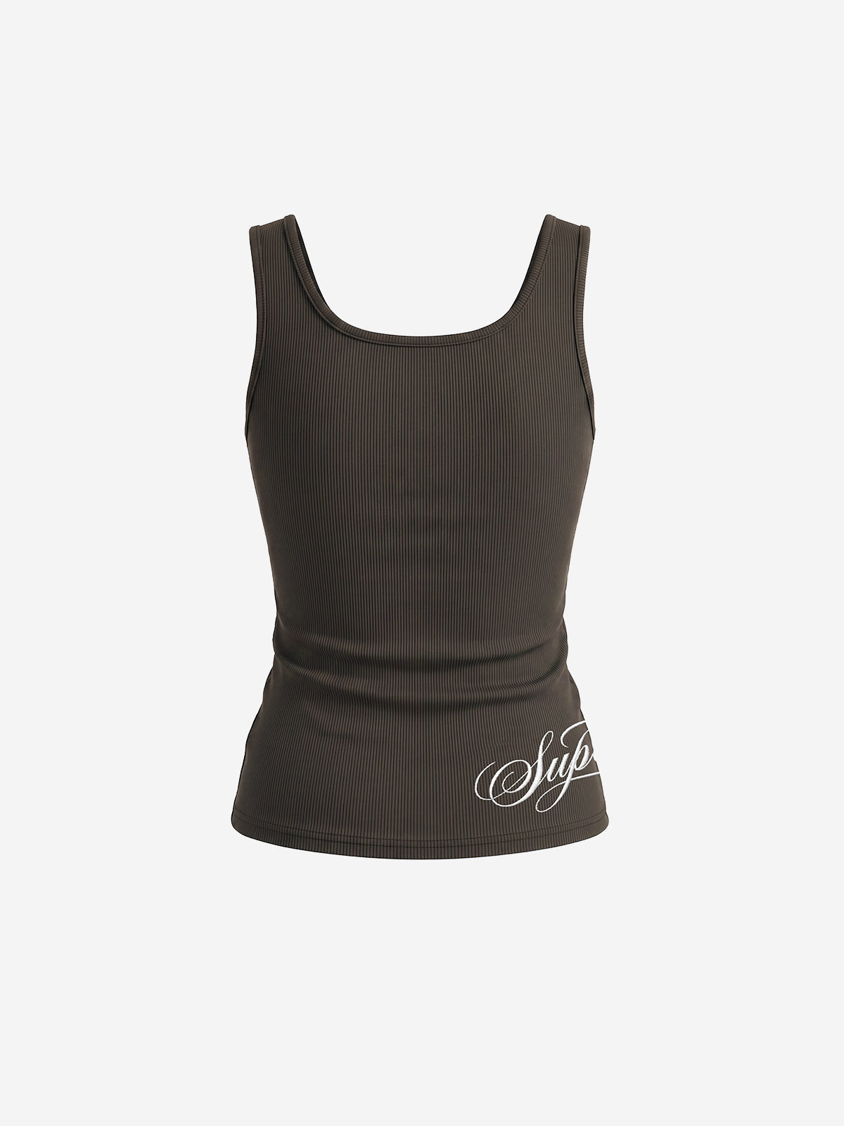 Letter Embroidered Rhinestone Eyelet Ribbed Tank Top
