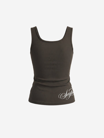 Letter Embroidered Rhinestone Eyelet Ribbed Tank Top