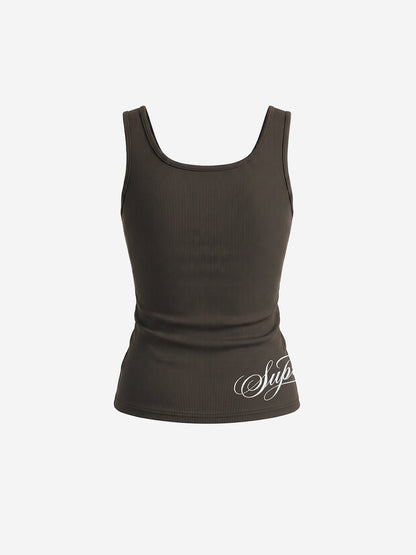 Letter Embroidered Rhinestone Eyelet Ribbed Tank Top