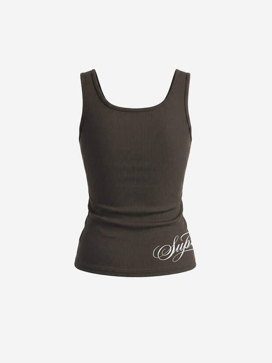Letter Embroidered Rhinestone Eyelet Ribbed Tank Top
