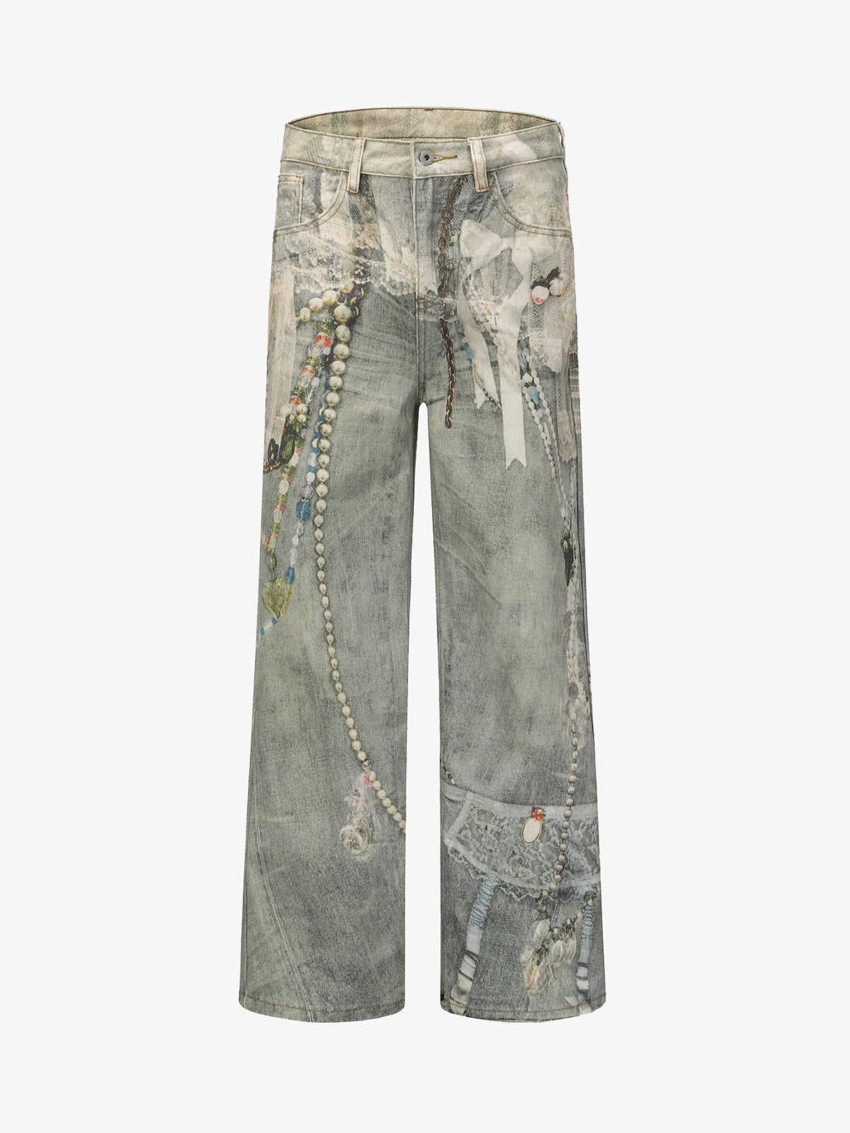 Retro Artistic Beaded Collage Print Straight Jeans 