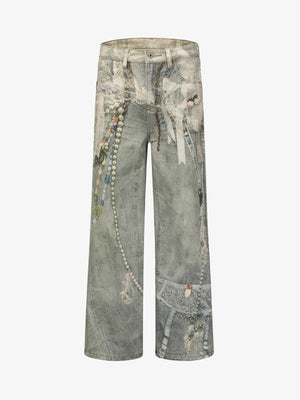 Retro Artistic Beaded Collage Print Straight Jeans 