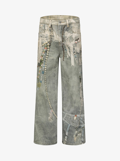 Retro Artistic Beaded Collage Print Straight Jeans 
