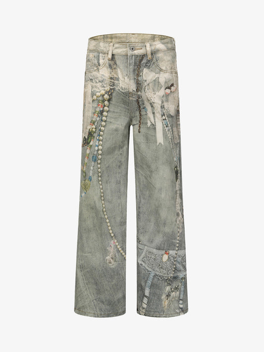 Retro Artistic Beaded Collage Print Straight Jeans 