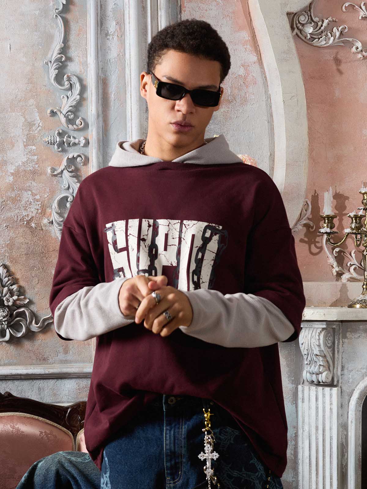 SUPM Chain Print Color Block Faux Two-Piece Hooded Long-Sleeve T-Shirt 