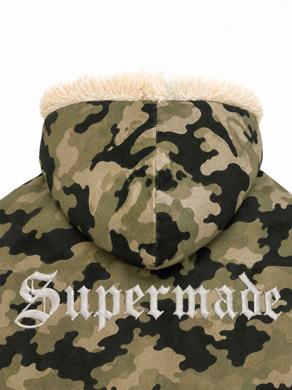 Camo Faux-Fur Trim Bomber Coat