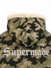 Camo Faux-Fur Trim Bomber Coat