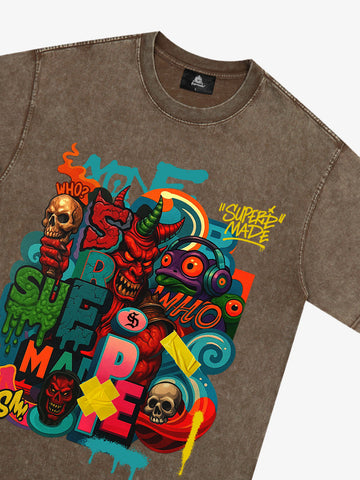 Trendy Multicolor Graffiti Skull Graphic T-Shirt 