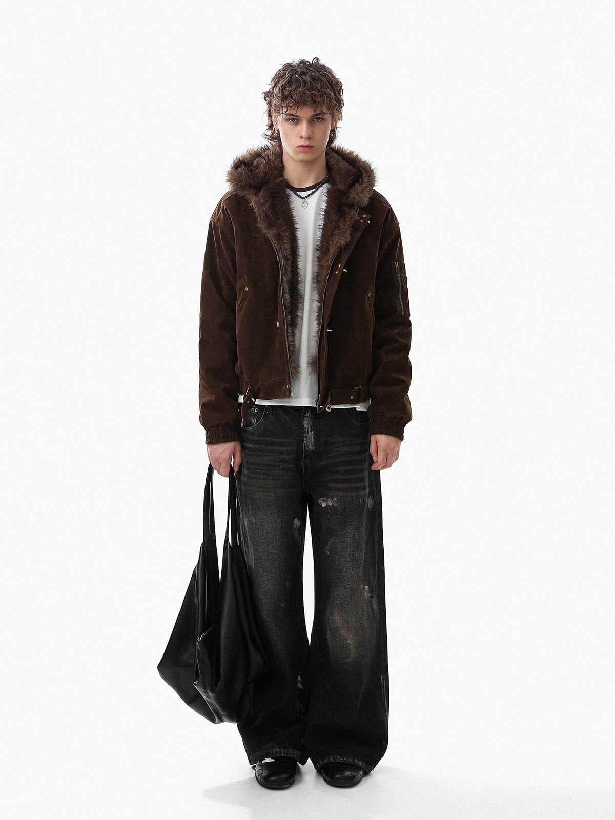 Retro Fur Collar Suede Toggle Closure Padded Bomber Jacket 