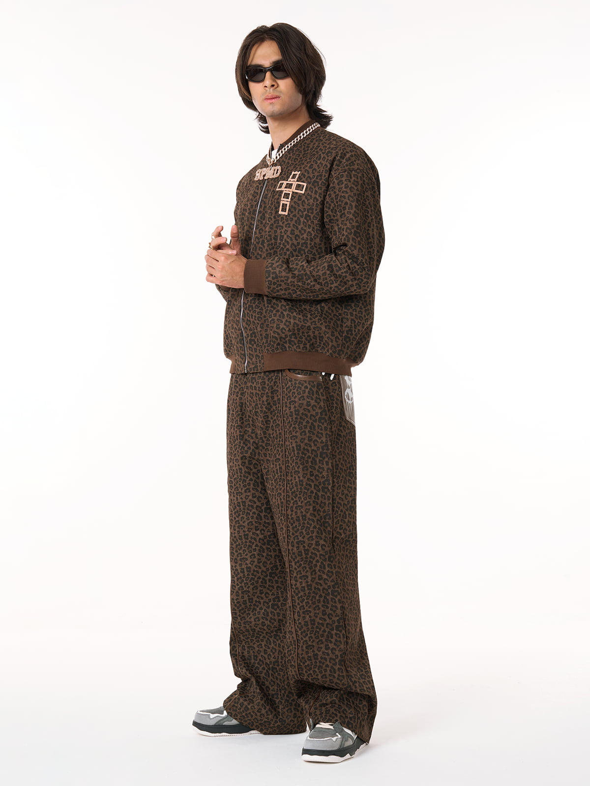 SUPM Graffiti Print and Leather Leopard Print Wide-leg Pants 