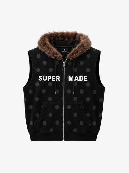 Faux Mink Fur Polka Dot Zip-up Hooded Vest