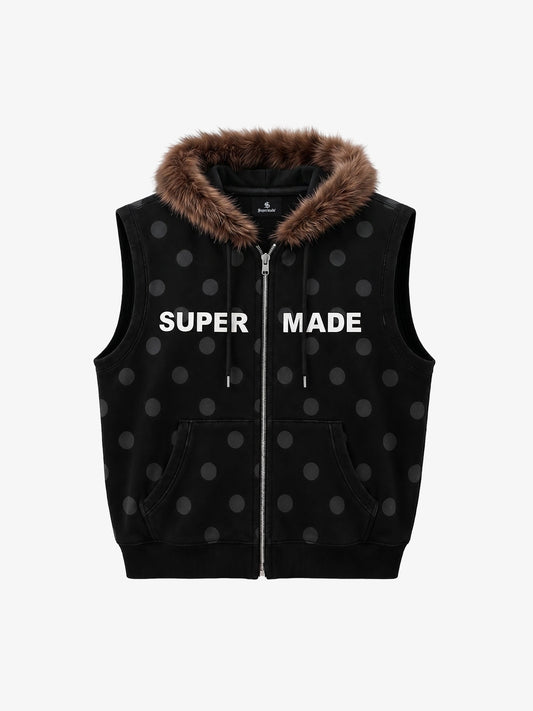 Faux Mink Fur Polka Dot Zip-up Hooded Vest