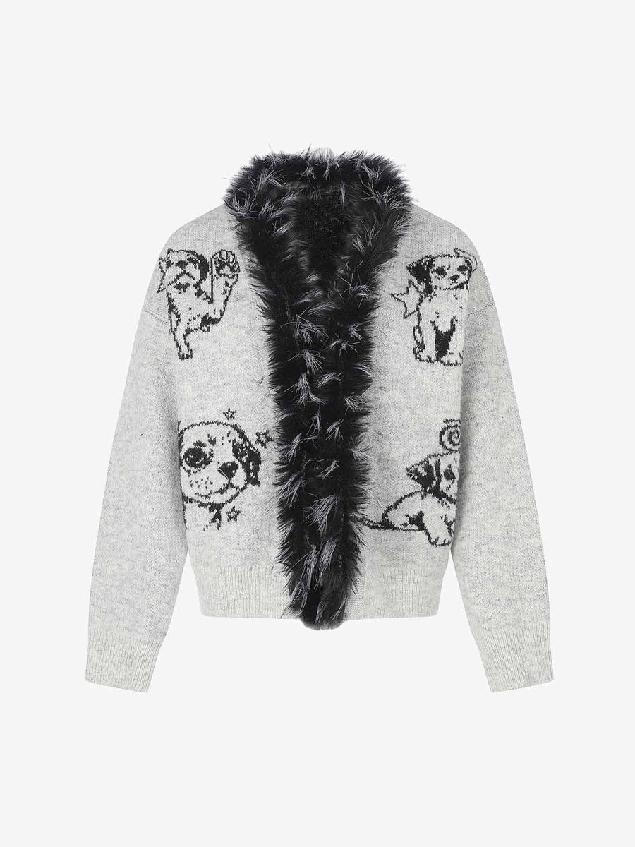 Cartoon Puppy Jacquard Faux-Fur Collar Knit Sweater