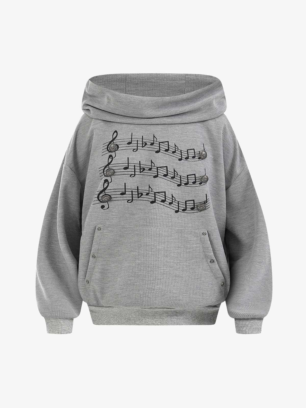 Lightweight Musical Note Print Waffle Hoodie