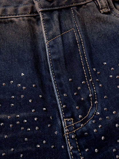 Gradient Wash Wide-Leg Jeans with Rhinestone Accents 