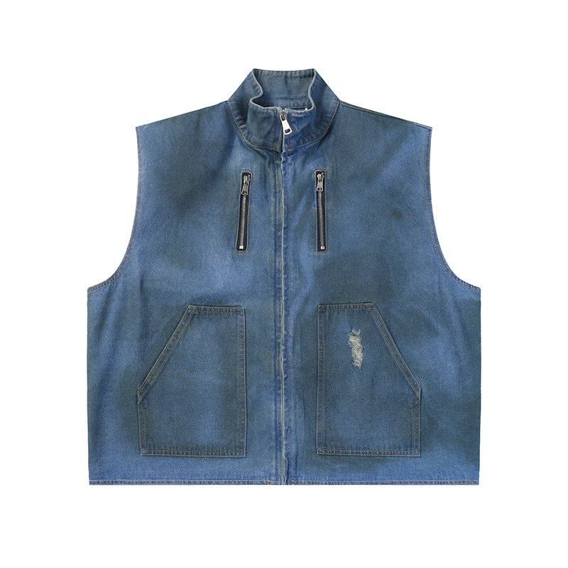 Thesupermade American Street Fashion Heavy Industry Washed Denim Vest Jacket