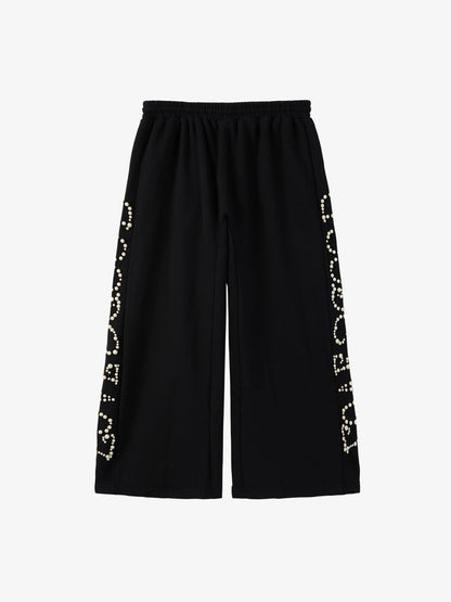 Cotton Blend Pearl Embellished Wide Leg Sweatpants for Women 