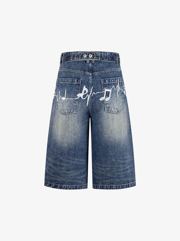 Music Print Denim Shorts with Embroidered Notes