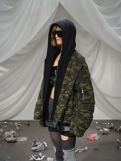 Camouflage Hooded Jacket with Distressed Details and Toggle Closure 