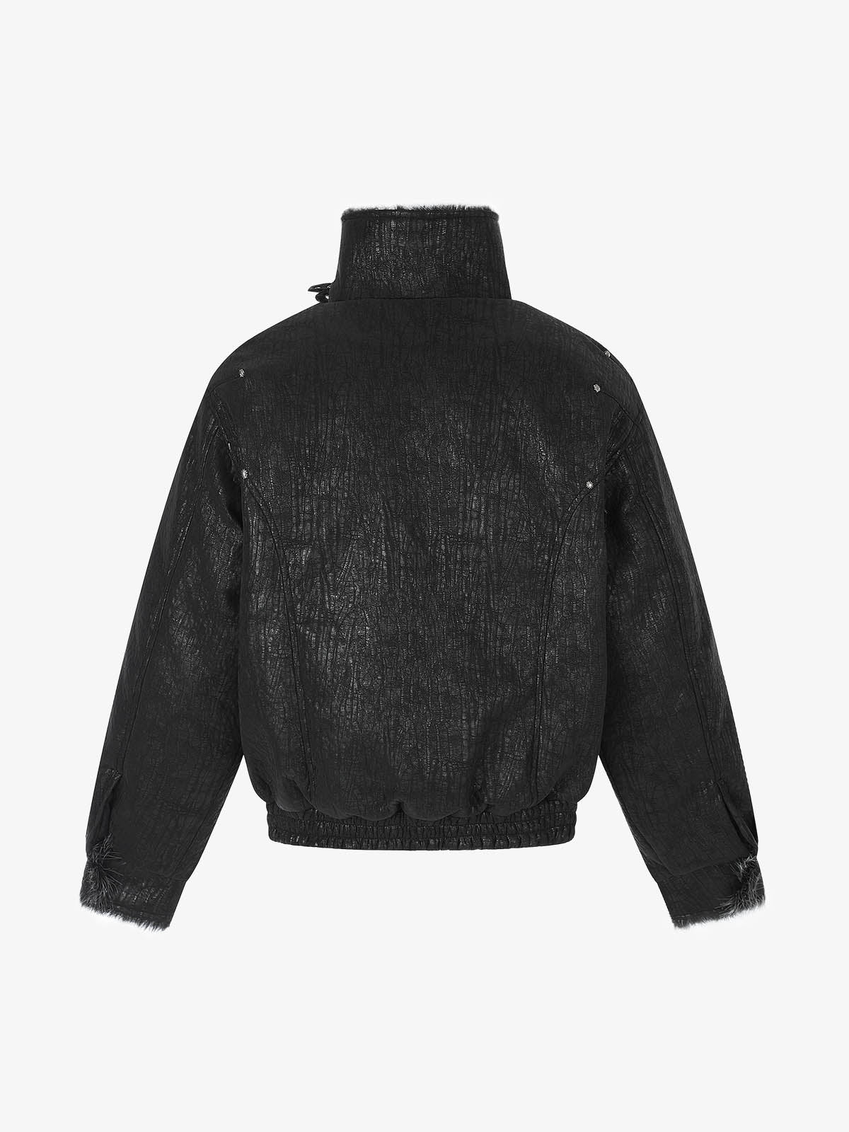 Deconstructed Faux-Fur Trim Stand-Collar PU Leather Coat