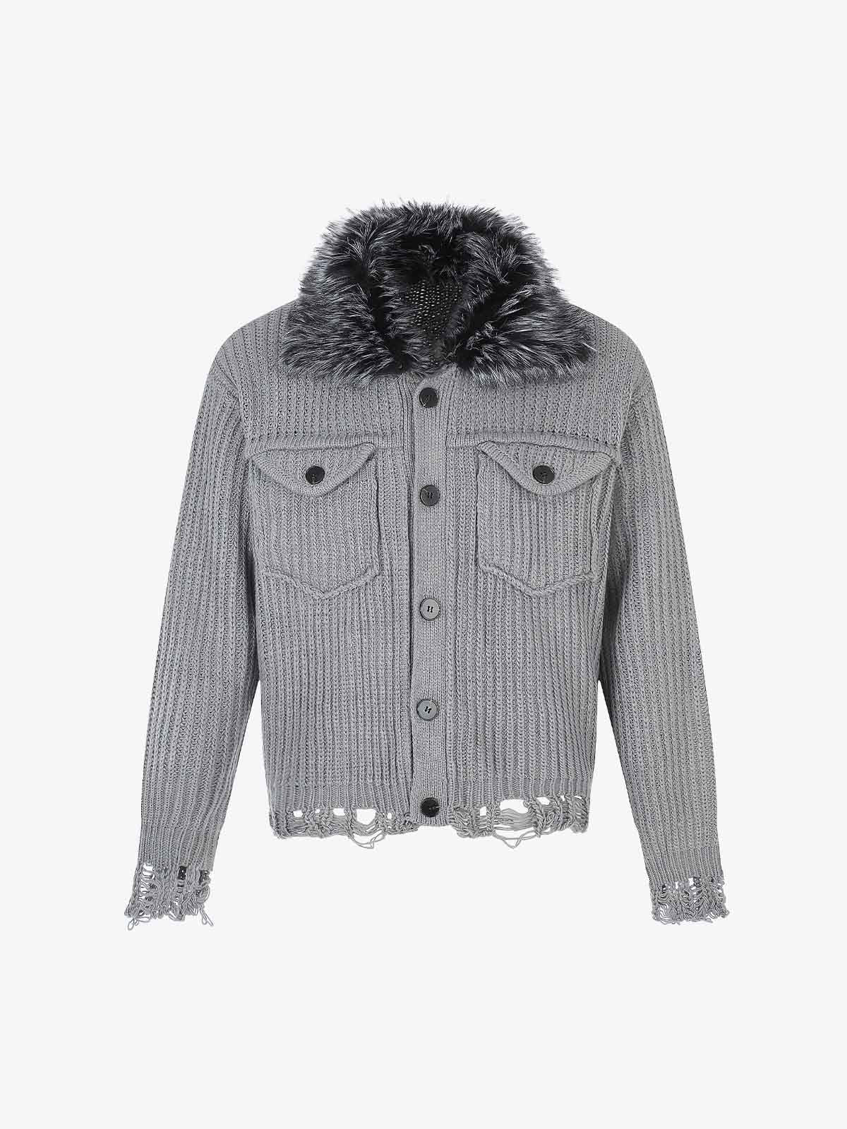 Faux-Fur Collar Distressed Knit Cardigan