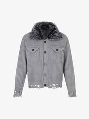 Faux-Fur Collar Distressed Knit Cardigan