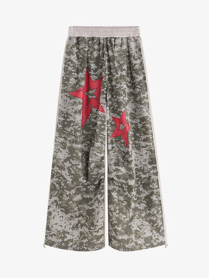 Retro Camouflage Star Patch Colorblock Casual Pants 
