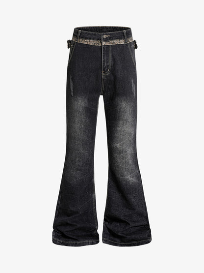 Snake Waist Flared Denim Jeans – Dark Wash Gold Embroidery Fit