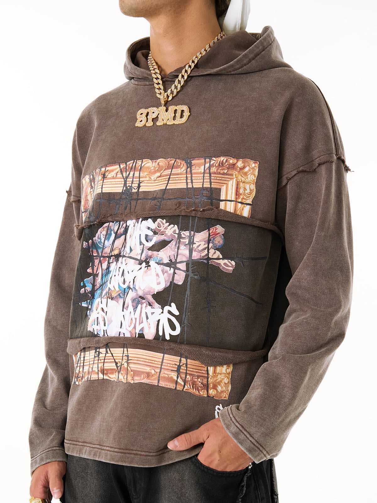 Distressed Hooded Sweatshirt with a Famous Painting of Thorn Destruction 