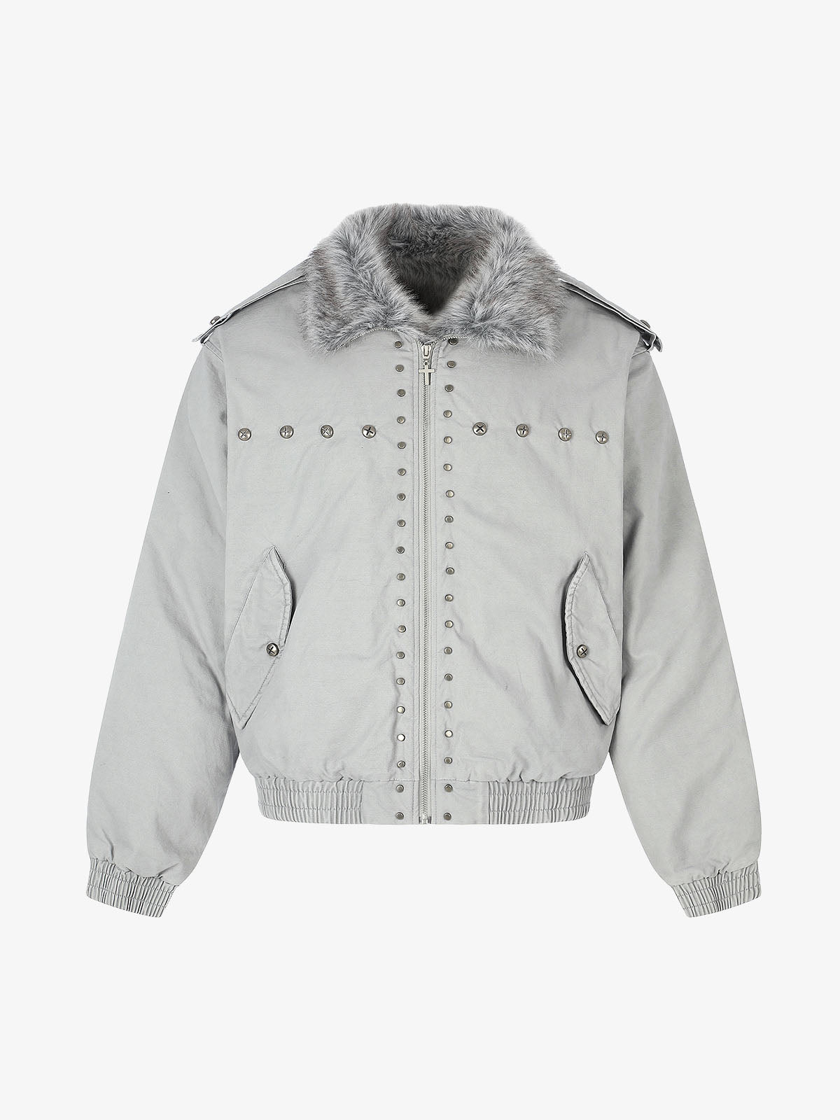 Studded Faux-Fur Collar Bomber Coat